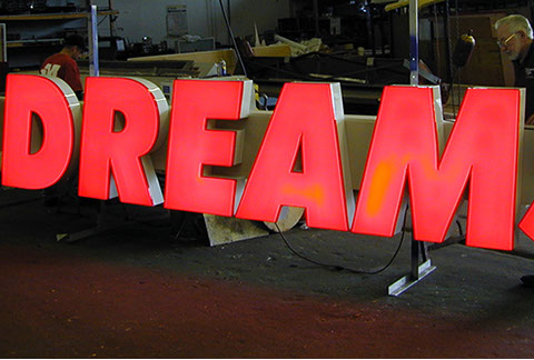 Channel Letter sign being tested in the shop